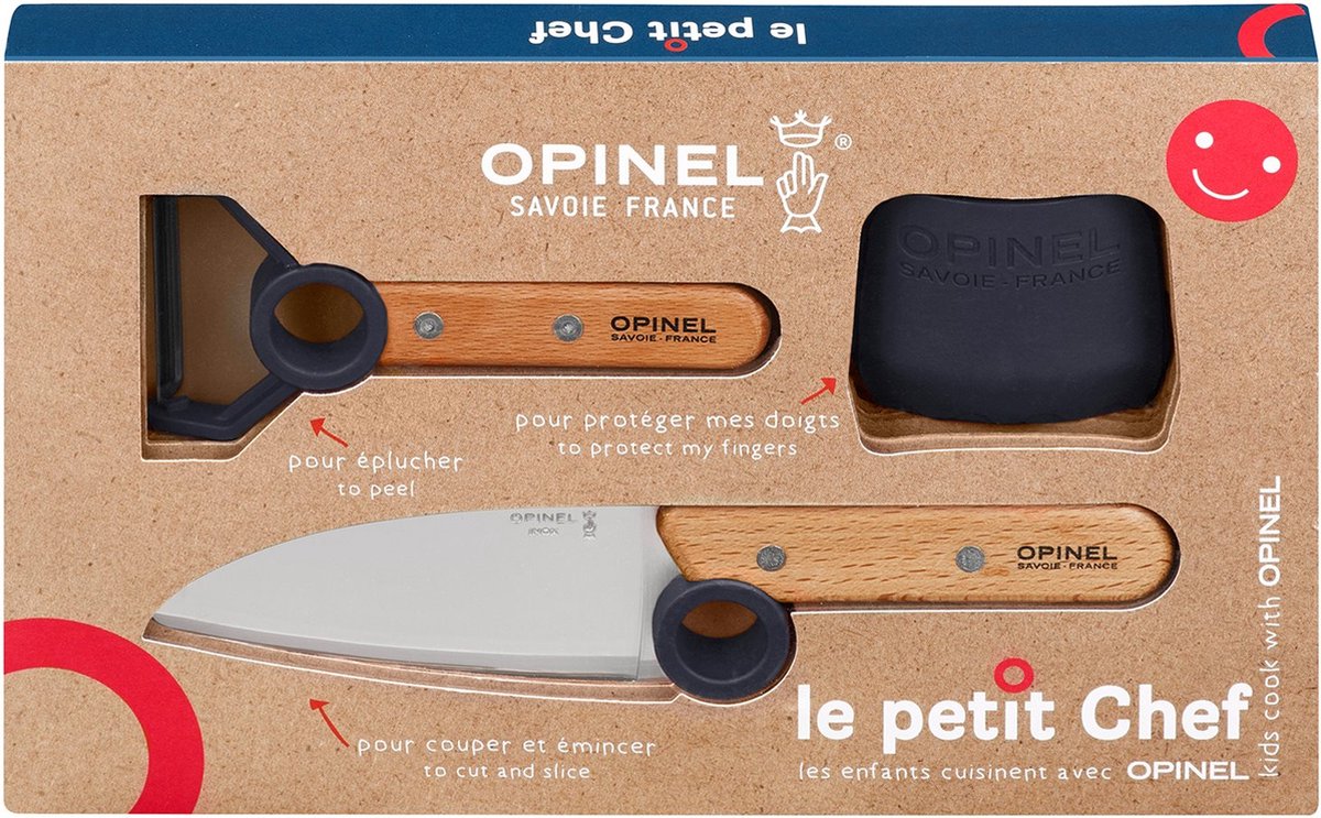 Opinel Le Petit Chef Kinderkeukensetje Blauw - 3-delig - Koksmes, Vingerbeschermer en Dunschiller - Opinel