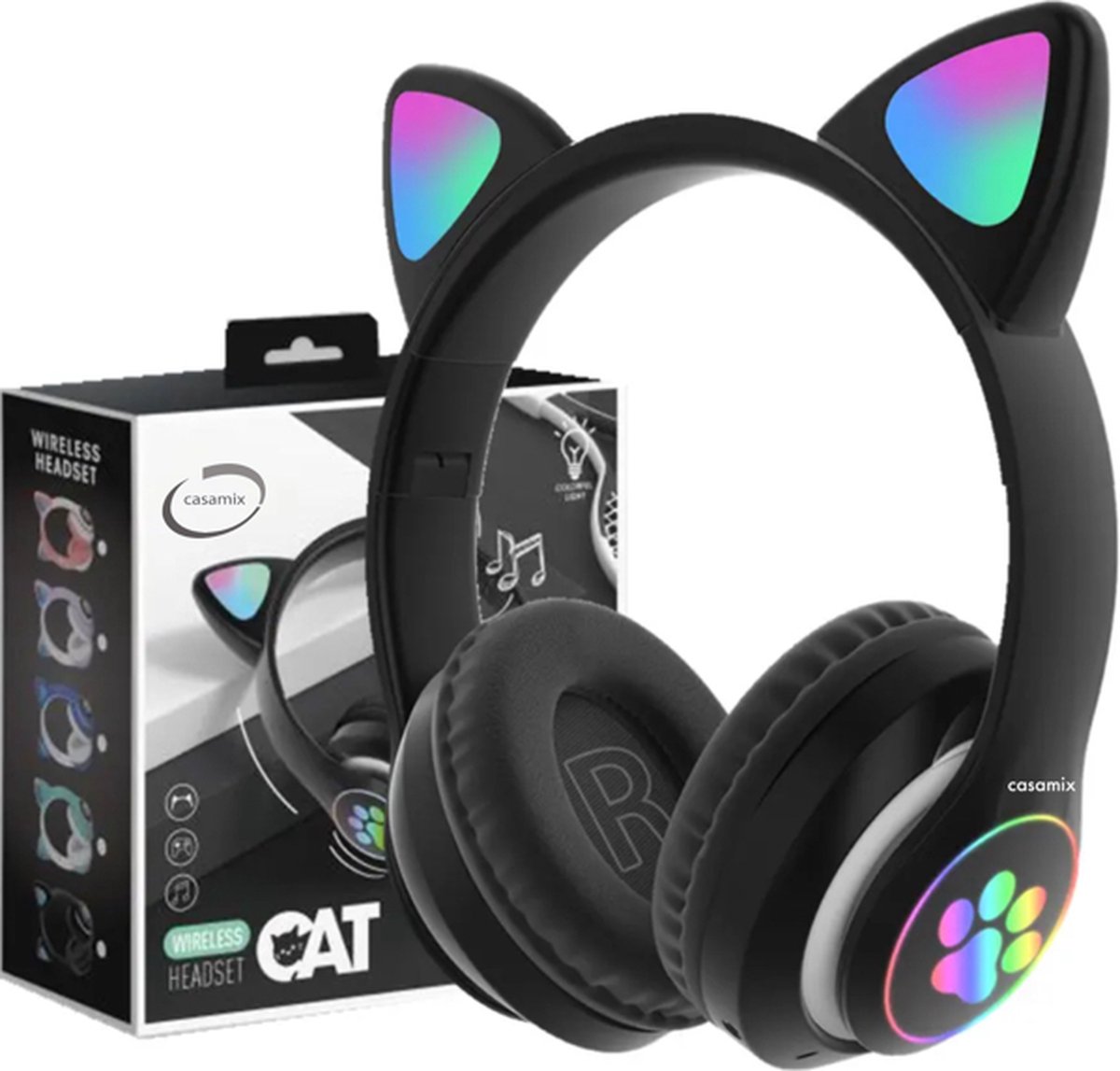 Kinder hoofdtelefoon - kattenoortjes ZWART- NL handleiding -cat headphones- Draadloze koptelefoon Bluetooth met led-Koptelefoon voor Kinderen - Met Led Kat Oortjes | met verlichting poot- Kat oor Koptel- Casamix