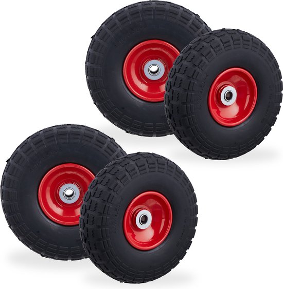 Relaxdays 4x steekwagenwiel - 4.1/3.5-4 - rubber - bolderkarwiel - antilek - zwart/rood