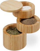 Pot à sel Relaxdays avec couvercle - pot à épices rotatif en bambou - pot à poivre avec 3 compartiments