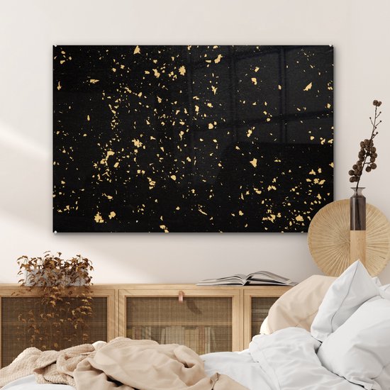 ® Glasschilderij 120x80 cm - Schilderij acrylglas - Gouden vlokken op een zwarte achtergrond - Foto op glas - Muurdecoratie woonkamer - Wanddecoratie slaapkamer - Schilderijen