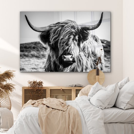 Peinture sur verre - Photo sur verre - Highlander écossais - Nature - Vache - Zwart et blanc - Verre acrylique - Décoration murale - 150x100 cm - Peinture sur verre Highlander écossais - Peinture sur verre - Décoration d'intérieur