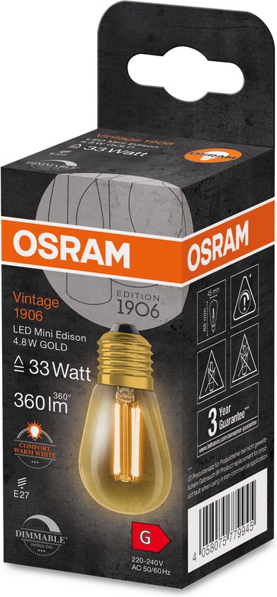 6x Osram E27 LED Edison Lamp | 4.8W Goud 2200K 220V 822 | 320° Dimbaar