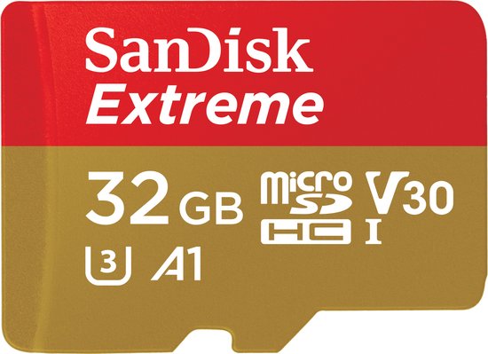 SanDisk Extreme 32GB microSD kaart, rood en goudkleurig.