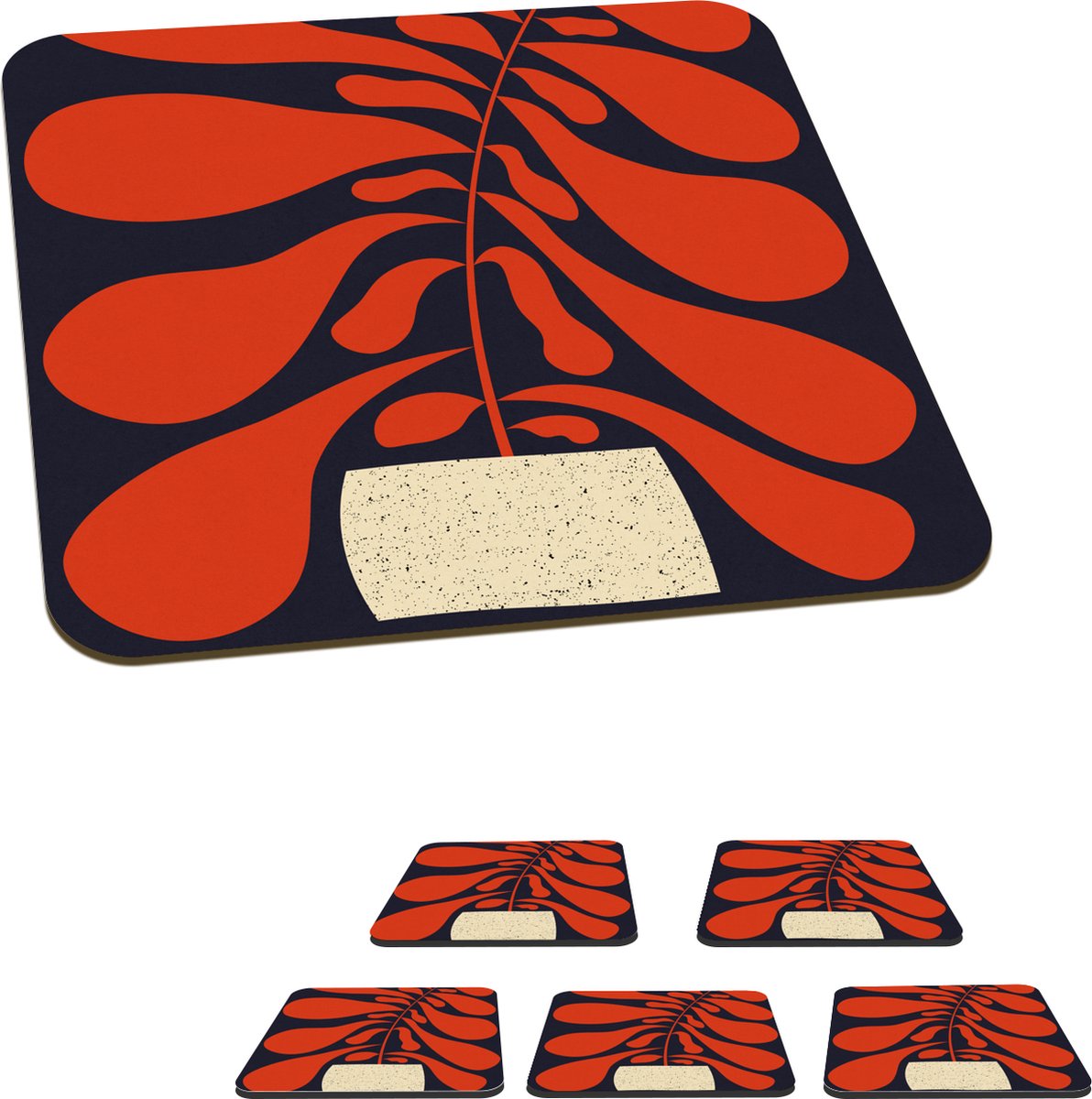 Onderzetters voor glazen - Plant - Rood - Abstract - Vaas - 10x10 cm - Glasonderzetters - 6 stuks