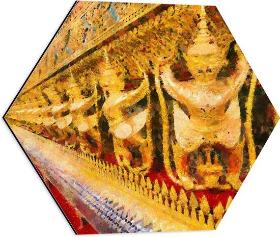 Dibond Hexagon - Schilderij van Beelden in de Tempel van de Smaragdgroene Boeddha in Bangkok, Thailand - 50x43.5 cm Foto op Hexagon (Met Ophangsysteem)
