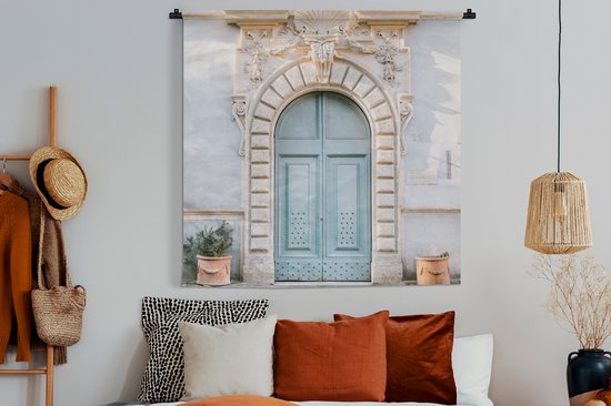 Wandkleed - Wanddoek - Deur - Architectuur - Blauw - Huis - 120x120 cm - Wandtapijt