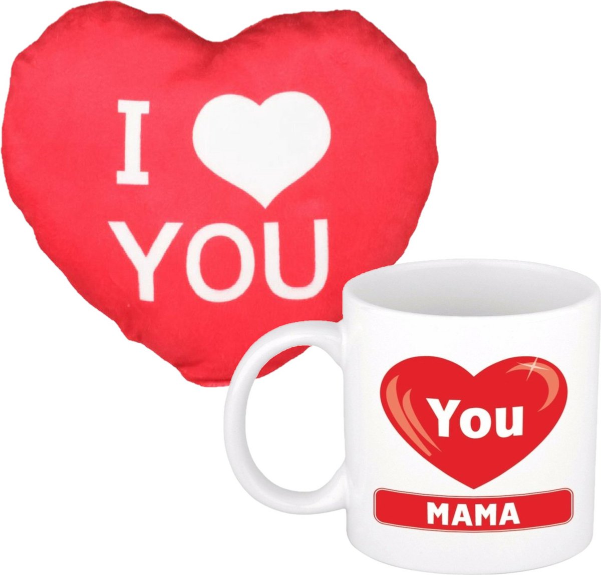 I love you Mama - mok/beker - 300 ml - incl. sierkussentje hart vorm - 12 cm