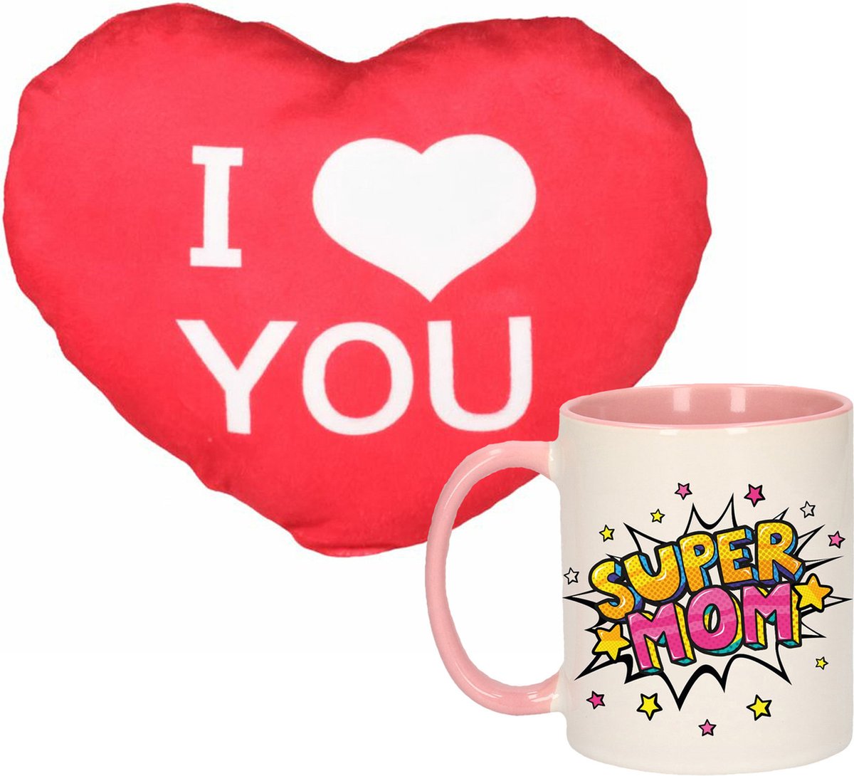 Super mom - mok/beker - 300 ml - roze - incl. sierkussentje hart vorm - 12 cm