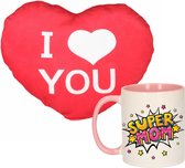 Super maman - mug/tasse - 300 ml - rose - avec coussin décoratif en forme de coeur - 12 cm