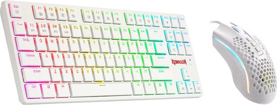 Redragon White Dragon Gaming Set - Toetsenbord en muis - Hoogwaardig aluminium - Honeycomb gaming muis - Plat mechanisch toetsenbord - RGB Gaming - Draadloos & bedraad - 2.4GHZ - Bluetooth - Type-C - Tenkeyless TKL