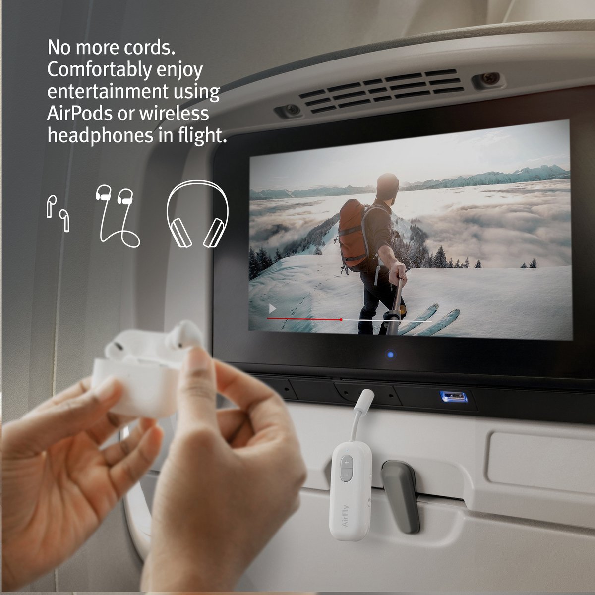 Twelve South AirFly SE Bluetooth Wireless Transmitter/Adapter voor AirPods/ draadloze of ruisonderdrukkende hoofdtelefoon; gebruik in vliegtuigen en sportscholen, 20 uur batterijduur