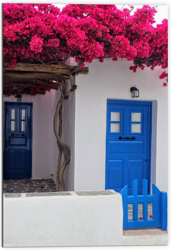 Dibond - Blauwe Deur met Roze Bloemen met Wit Huisje - 70x105 cm Foto op Aluminium (Met Ophangsysteem)