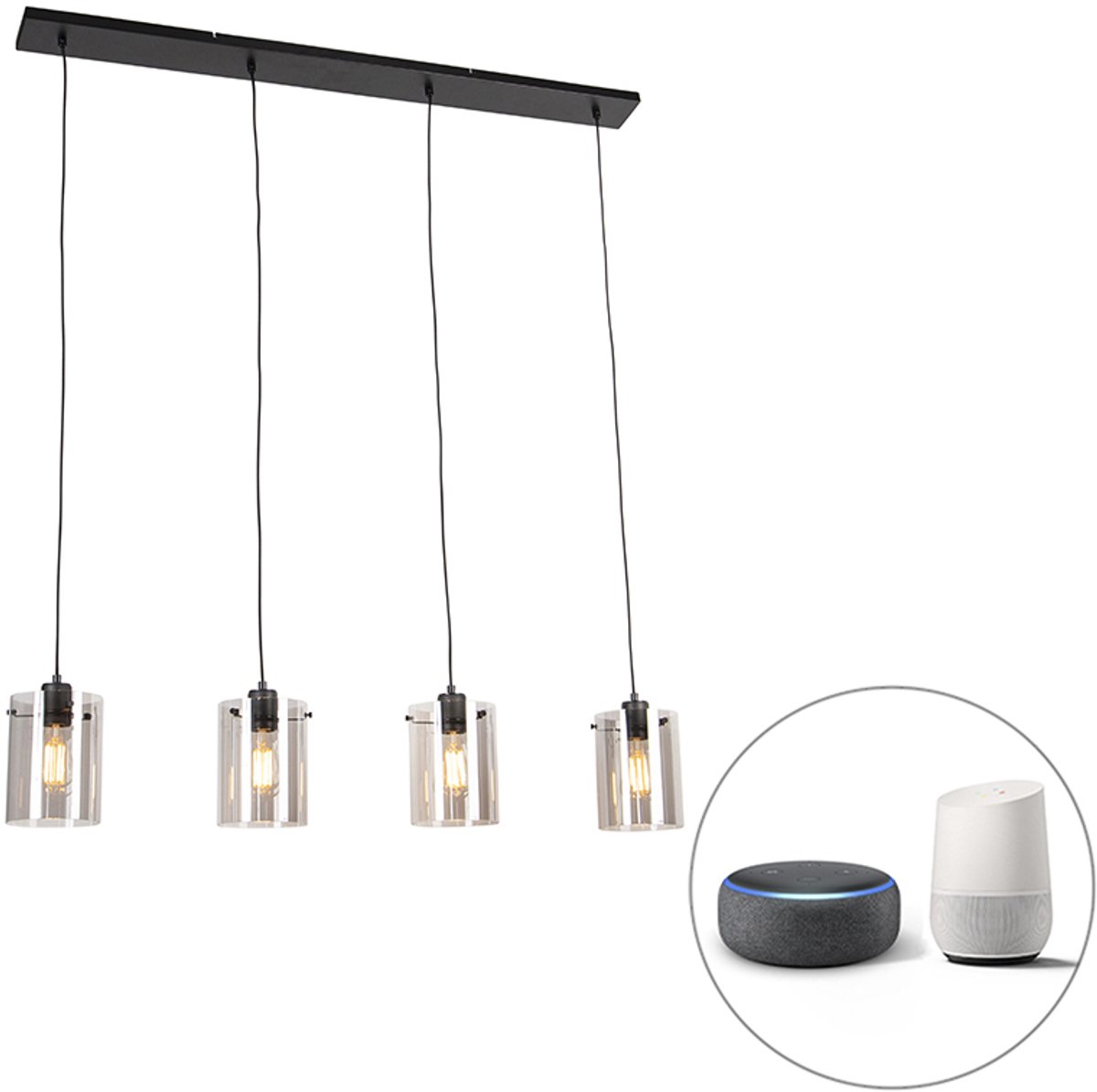 QAZQA dome - Design LED Smart Hanglamp eettafel incl. wifi voor boven de eettafel | in eetkamer - 4 lichts - L 120 cm - Zwart - Woonkamer | Slaapkamer | Keuken