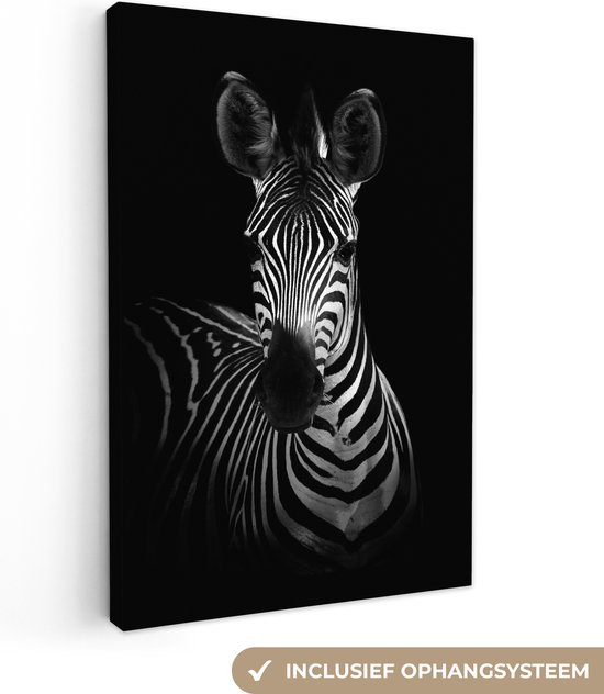 Canvas schilderij - Zebra zwart wit 90x140 - Kamer decoratie accessoires - Muurdoek dieren - Schilderijen woonkamer - Wanddecoratie slaapkamer - Muurdecoratie keuken - Wanddoek interieur binnen - Woondecoratie huis - Woonaccessoires