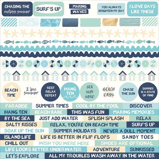 Pack Kaisercraft - Summer Splash + 1 feuille d'autocollants + 1 bloc papier 16,5 x 16,5 cm + 1 objets de collection (8pcs)