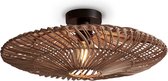 Bruine rotan plafondlamp met een plat, gespreid ontwerp en een metalen basis.