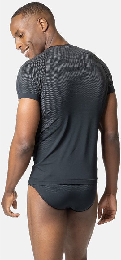 Man, donkergrijs ODLO performance t-shirt met korte mouwen, structuur op schouders en zijkanten, achterkant.