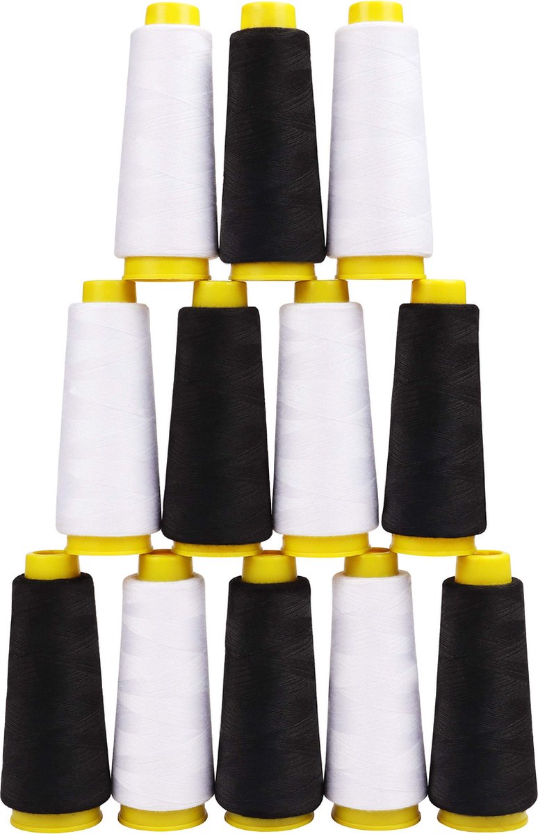Kurtzy Zwart en Witte Polyester Naaimachine Draad Spoelen Set (12 Pak) – 11,5 cm Spoelen met 900 Meter Garen – Spoelenset in 2 Kleuren Voor Hand en Machine Boorduren