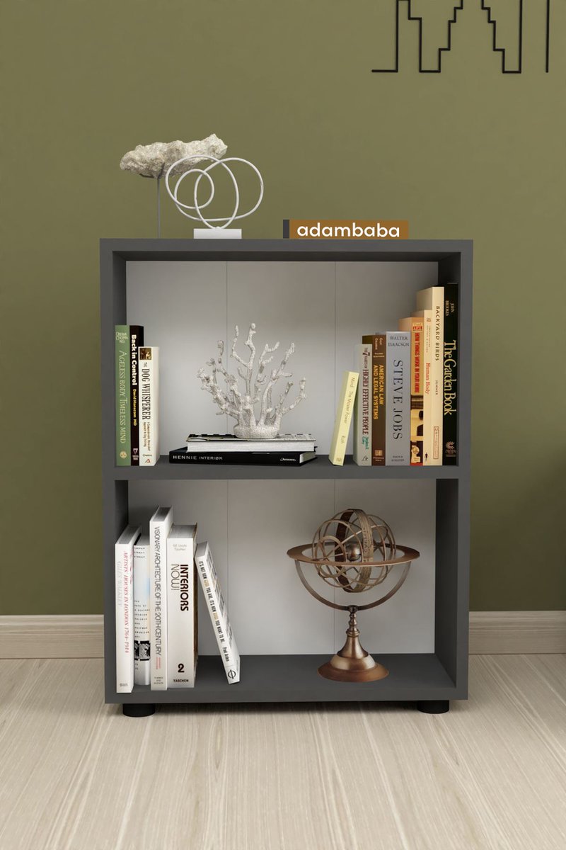 Adambaba - Decoratieve Boekenkast - Boekenkast met 2 Planken - Moderne Spaanplaat Boekenkast - Houten Boekenkast - Antraciet