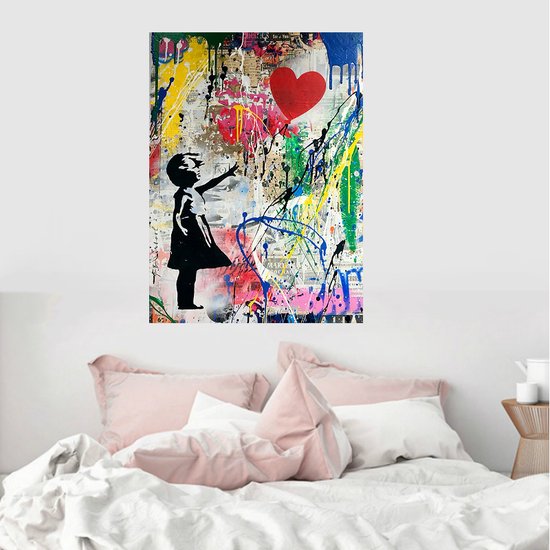 Allernieuwste.nl® Peinture sur toile Banksy Girl with Balloon Grafitti - Girl - Ballon - Poster - Reproduction - 50 x 70 cm - Couleur