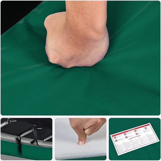 Een voet drukt in de dikke, groene trampoline beschermrand. Kleine afbeeldingen tonen de bevestiging, de vulling en een veiligheidswaarschuwing.