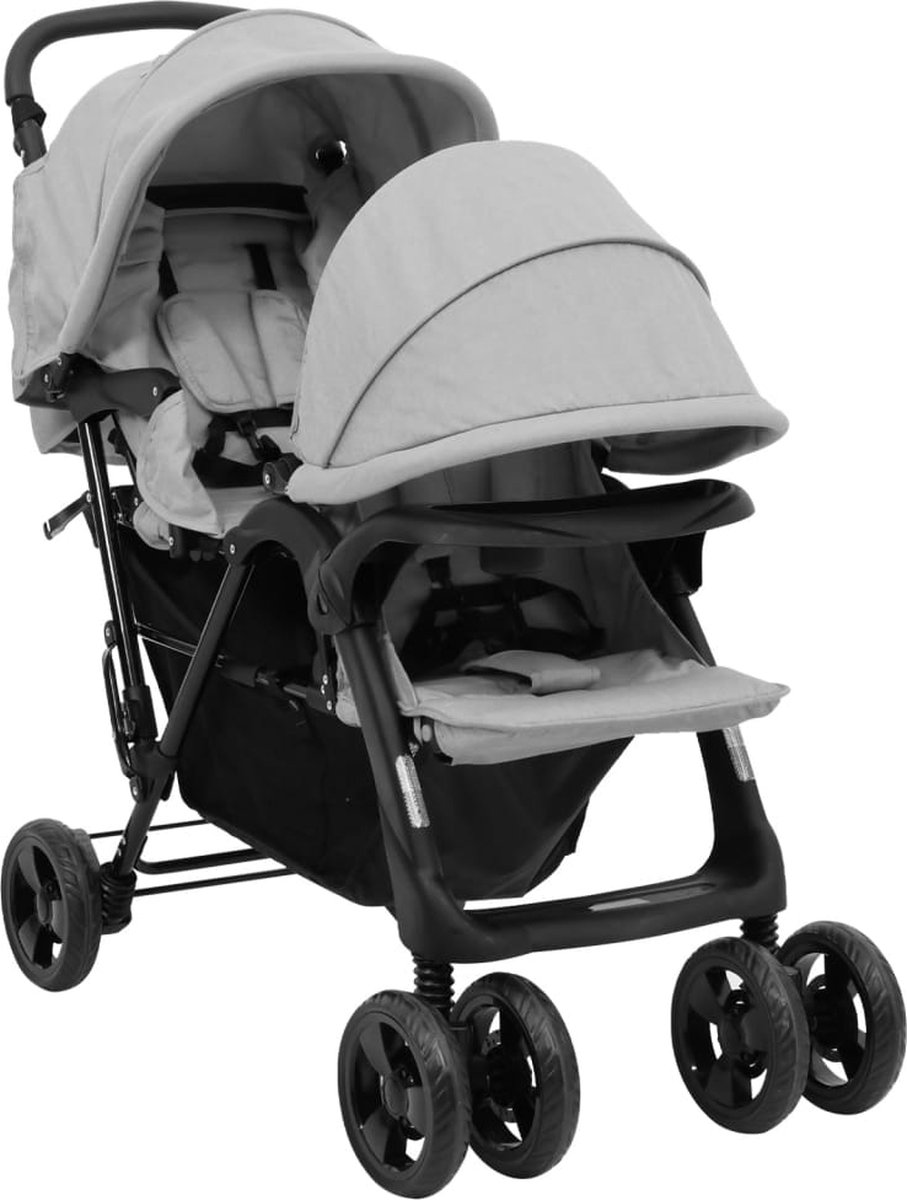 vidaXL Tweelingkinderwagen tandem staal lichtgrijs