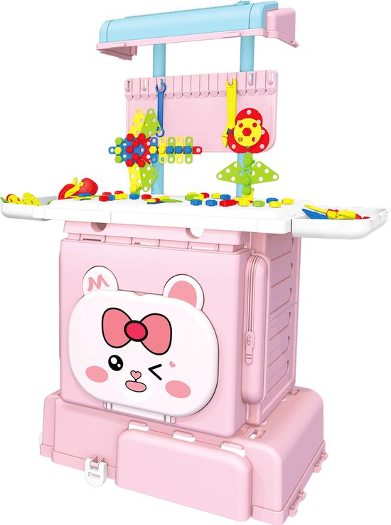 Bouwset met muziek en verhalen-Draagbare Werkbank-Alles-in-1 speeltafel-258 stuks - Draagbare werkbank-werktafel kinderen-activiteiten tafel-Educatief speelgoed 3jaar-Bouwenset--Puzzel koffer-Roze-Meisje speelgoed