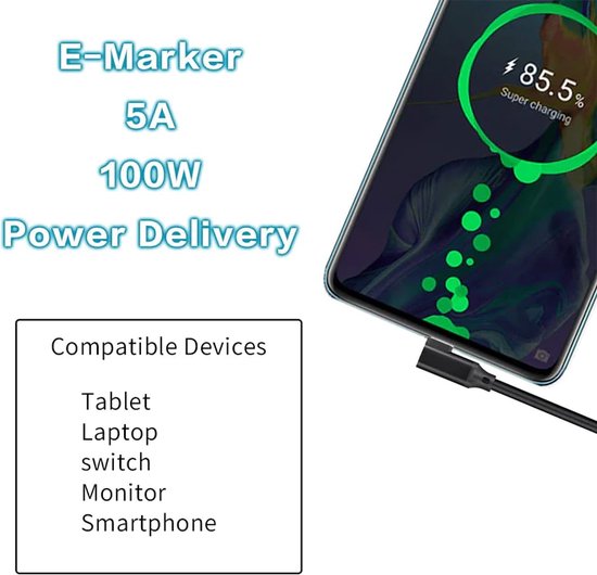 NÖRDIC USBC-N1115 - Câble PVC coudé USB-C vers USB-C SuperSpeed - USB3.2  Gen2 - 10Gb/s