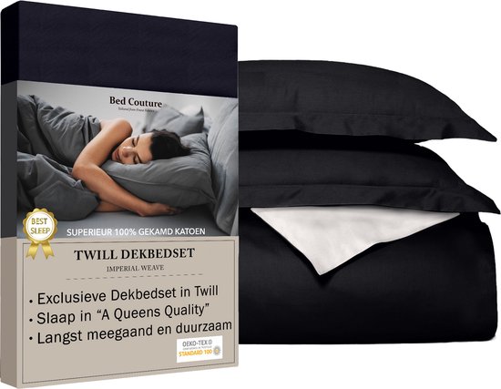 Bed Couture - Twill Katoen Dekbedovertrek set - 155x200 + 2 kussenslopen 80x80 - Luxe 100% Katoen, voelt soepel en ultra zacht - Wit/zwart