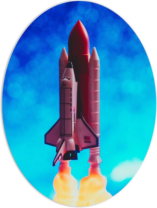 PVC Schuimplaat Ovaal - Opstijgende Speelgoed Raket - 60x80 cm Foto op Ovaal (Met Ophangsysteem)