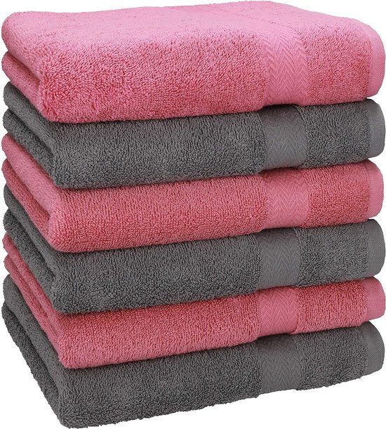 6 stuks handdoeken, premium 100% katoen, afmetingen 50 cm x 100 cm,  oudroze/antraciet | bol
