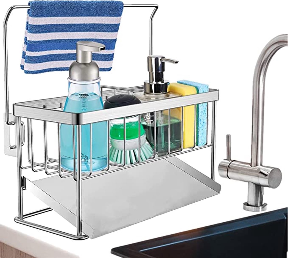 Gootsteen Caddy Organiser, Sponshouder met afvoerbak voor, Spoelbak, Sponzen, Vaatdoek Opslag Meerdere functies Wandgemonteerde plank voor keuken badkamer