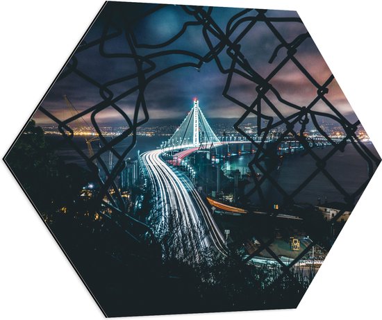 Dibond Hexagon - Stad in de Nacht - 70x60.9 cm Foto op Hexagon (Met Ophangsysteem)