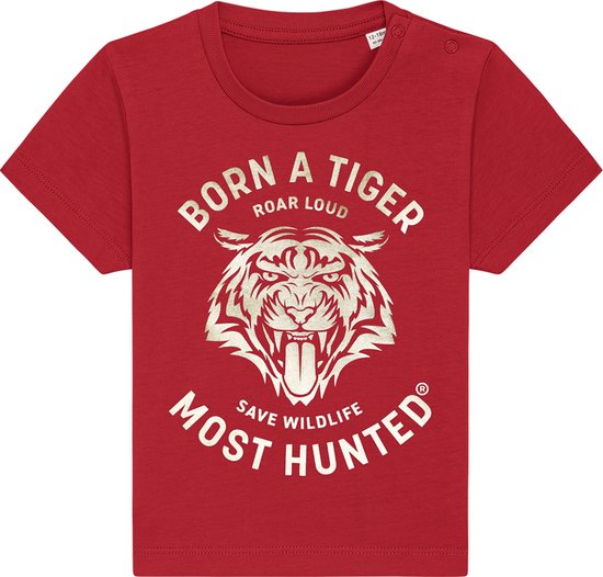Most Hunted - baby t-shirt - tijger - rood - goud - maat 12-18 maanden