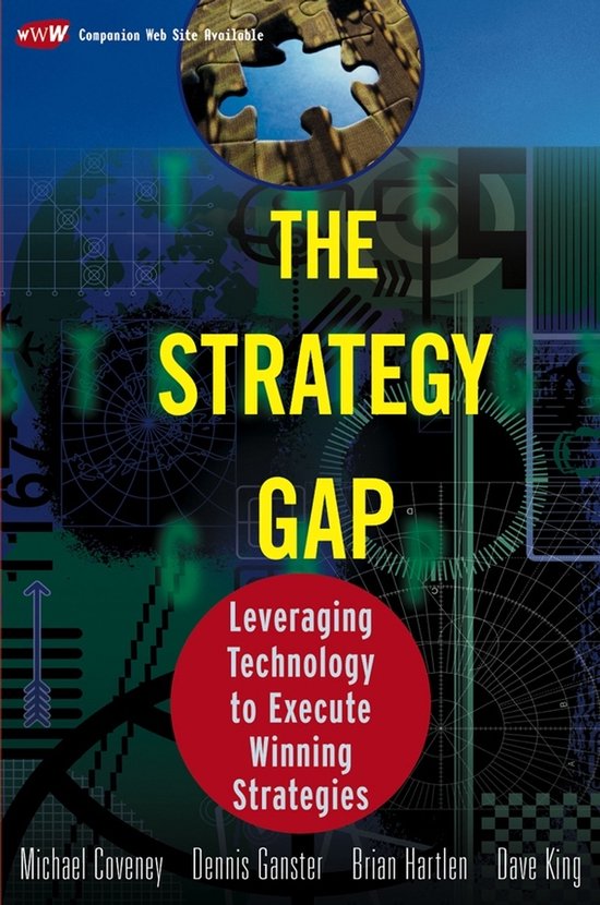 Boekcover: 'The Strategy Gap', met technische grafische achtergrond, een puzzelstuk en rode cirkel met tekst.