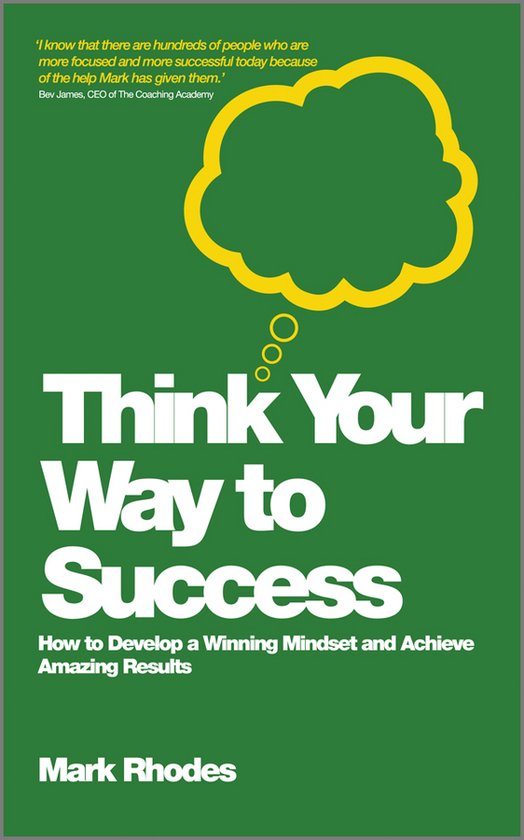 Boek 'Think Your Way to Success' met witte letters op een groene achtergrond. Bevat een gele denkballon.