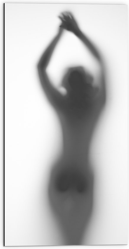 Dibond - Silhouet van Vrouwenlichaam achter Wazige Wand - 50x100 cm Foto op Aluminium (Met Ophangsysteem)