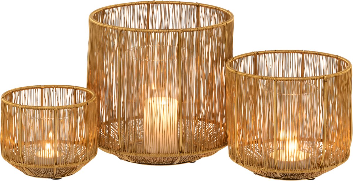 J-Line Set Van 3 Windlichten Lijnen Metaal Mat Goud - Kaarsenhouder 20.00 x 51.00 x 20.50 cm - 1 stuks