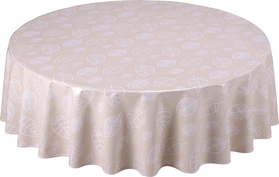 thumbnail: Wasdoek Tafelkleed - Rond, 160 Cm, Lichtgrijs Met Bladeren Print - Waterafstotend PVC, Afwasbaar