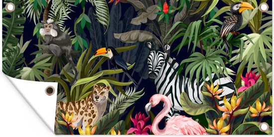 Tuinposter 200x100 cm - Tuindecoratie Jungle dieren - Natuur - Jongens - Meisjes - Flamingo - Zebra - Poster voor in de tuin - Buiten decoratie - Schutting tuinschilderij - Tuindoek muurdecoratie - Wanddecoratie balkondoek
