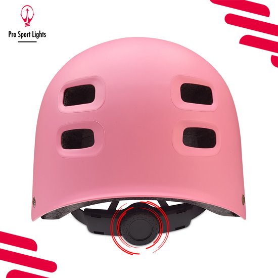 Casque rose avec 8 aérations et mécanisme de fermeture, avec logo "Pro Sport Lights".
