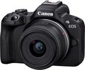 Zwarte Canon EOS R50 systeemcamera met een RF-S 18-45mm f/4.5-6.3 IS STM lens.