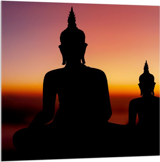 Acrylglas - Silhouet van Boeddha's bij Feloranje Zonsondergang - 100x100 cm Foto op Acrylglas (Met Ophangsysteem)