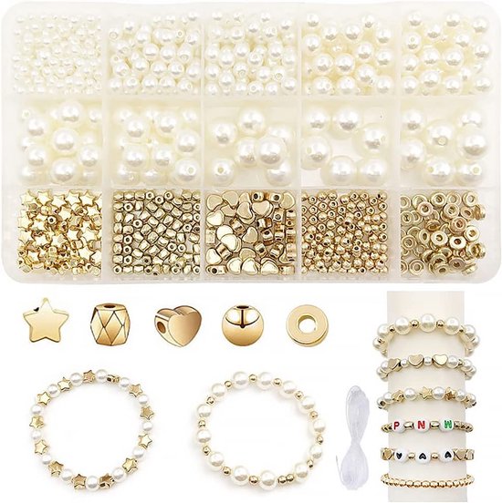 Kit bracelet fil élastique perles en verre blanche et résine - Un