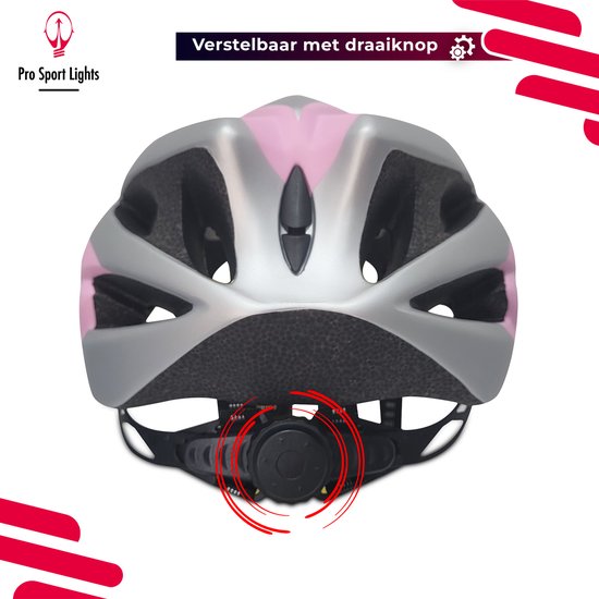 Achterkant van roze en grijze fietshelm met verstelbare draaiknop.