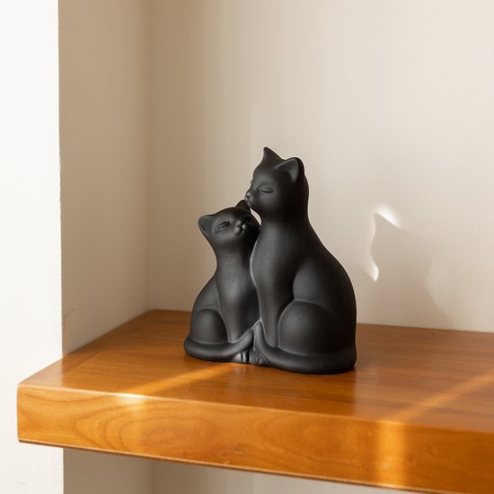 Statue - Décoration - Deux chats - Chats - Chats - Décoration d'intérieur - Moderne - Accessoire pour la maison - Zwart - Céramique - Artisanat - 14,5 cm x 17,5 cm