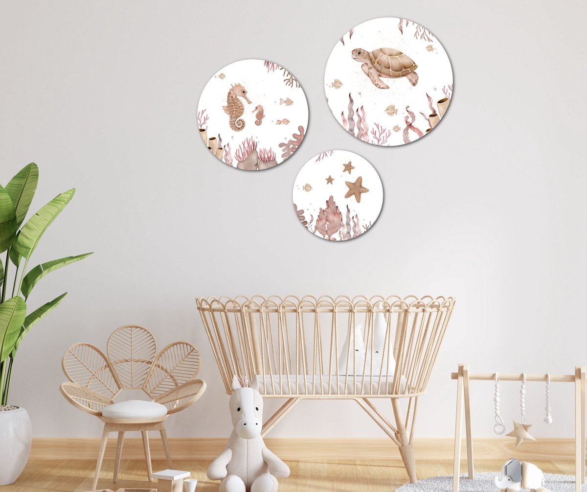 Muurcirkel / Wandcirkel zeedieren nude middel - set van 3 muurcirkels + ophangsysteem - Decoratie kinderkamer / babykamer jongens & meisjes