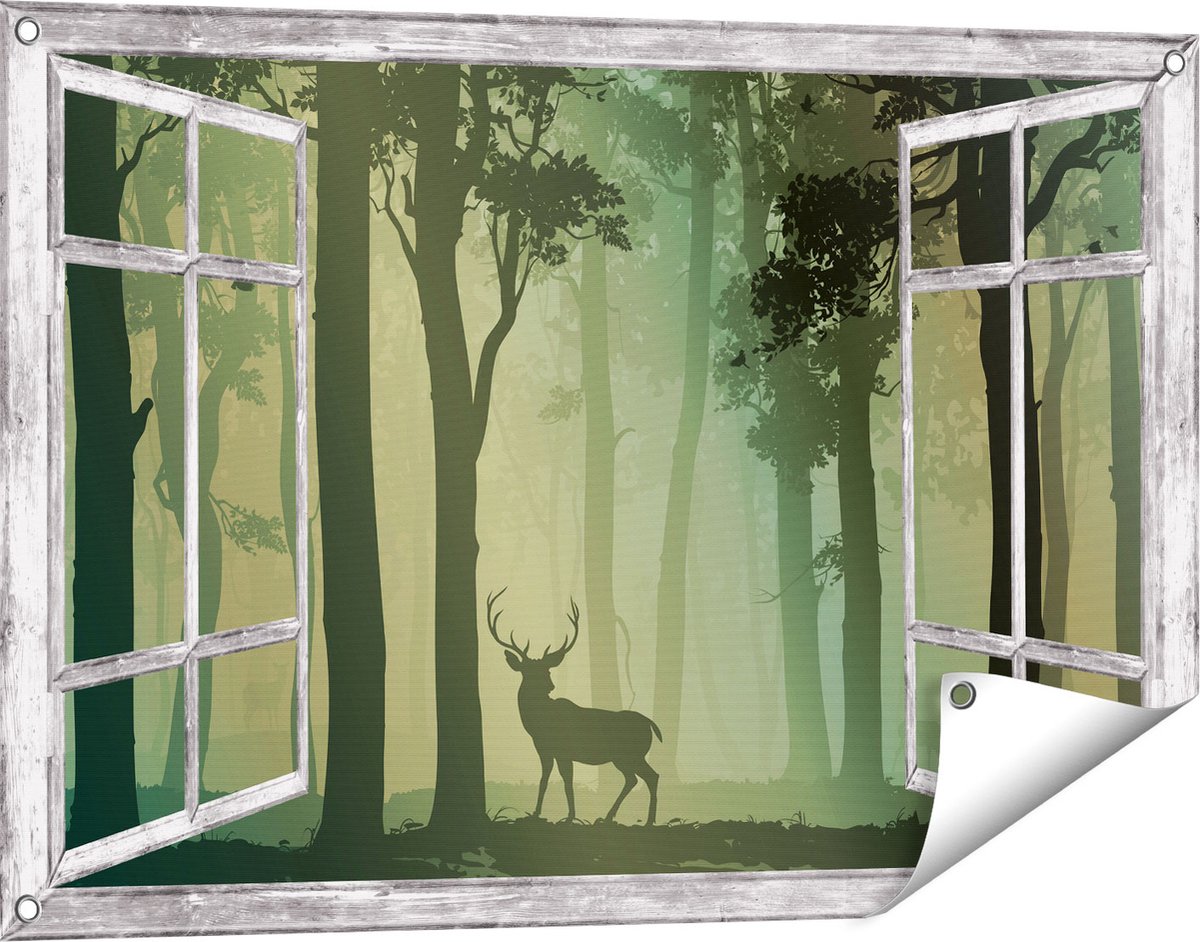 Gards Tuinposter Doorkijk Hert in het Bos - Silhouet - 90x60 cm - Tuindoek - Tuindecoratie - Wanddecoratie buiten - Tuinschilderij Grijs