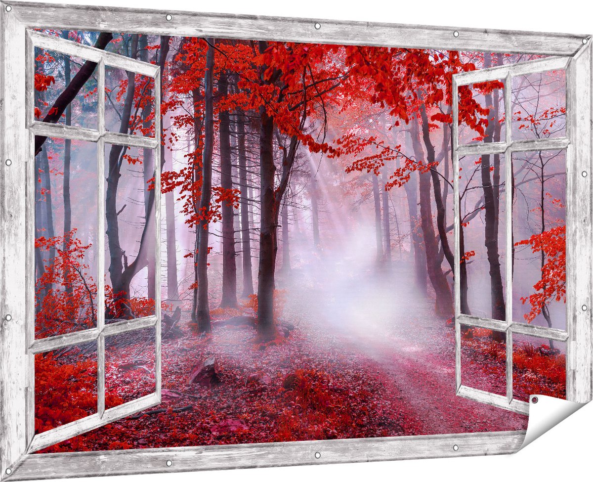 Gards Tuinposter Doorkijk Rood Bos met Bomen - 180x120 cm - Tuindoek - Tuindecoratie - Wanddecoratie buiten - Tuinschilderij Multikleur